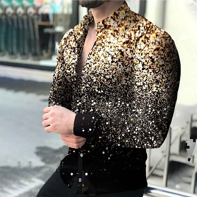 Men's Shirt Glitter Print Long Sleeve Casual Lapel Top Outdoor Street Button Print Top Fashion Breathable Summer/Spring