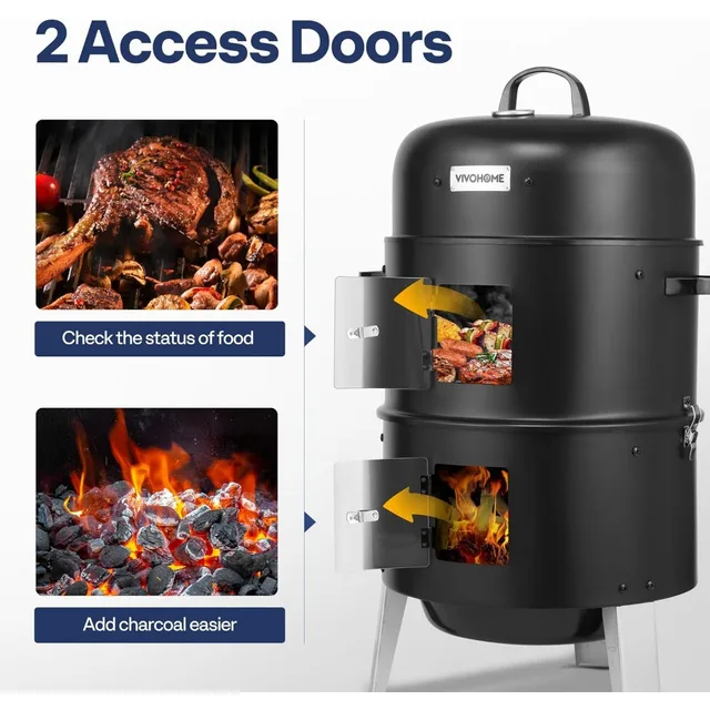 3-in-1 Vertical Charcoal Smoker with Thermometer, Air Vent & Doors for BBQ, Parties & Backyard 4 3-in-1 Vertical Charcoal Smoker with Thermometer, Air Vent & Doors for BBQ, Parties & Backyard 4