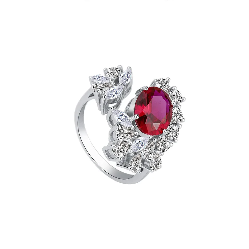 

New fashion trend S925 silver inlaid 5A zircon opening adjustable ring Paraiba ruby ring main stone