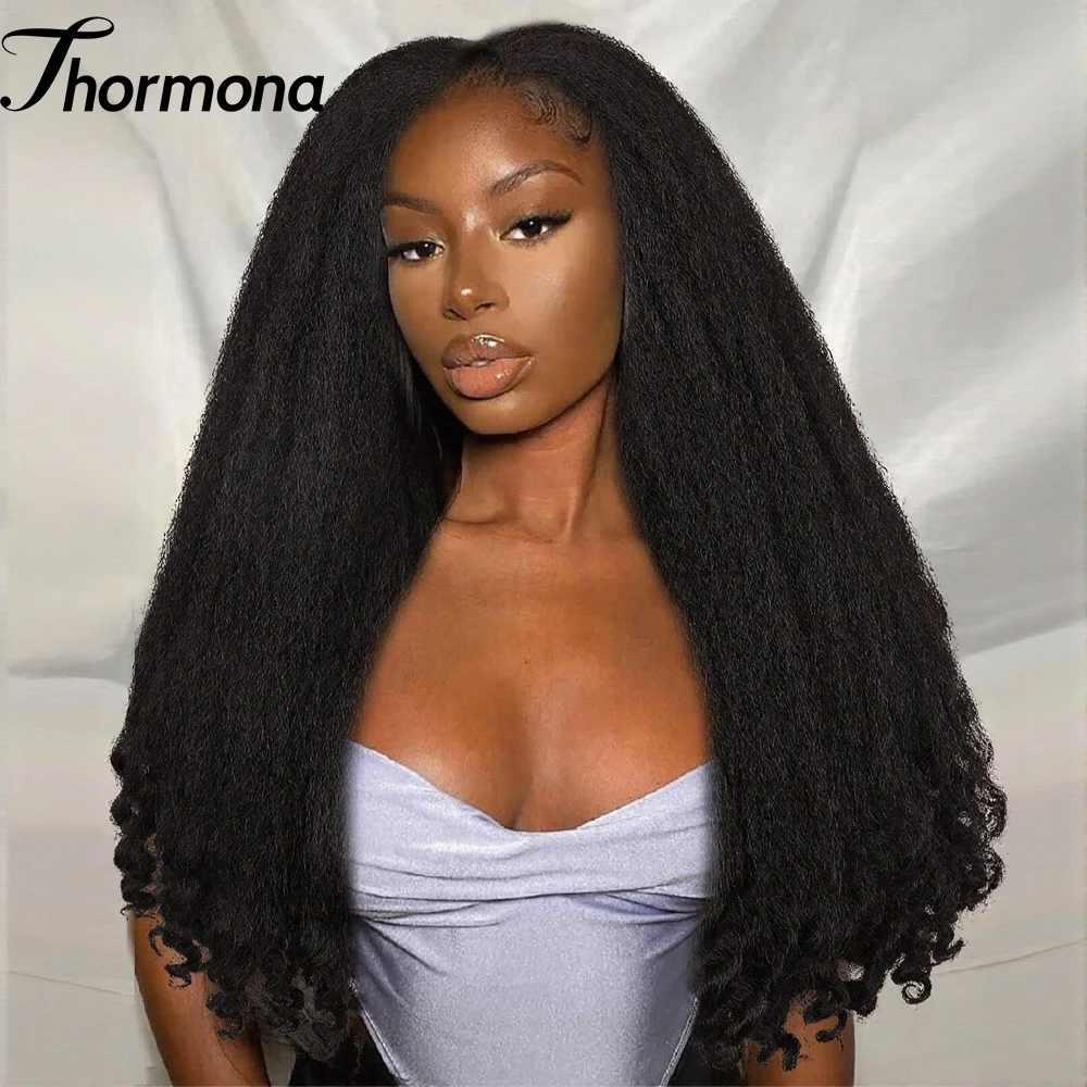 13X6 Kinky Straight Lace Front Wig Dark Brown Fluffy Kinky Straight with Bouncy Curly Ends Lace Frontal Hair Wigs for Black Wome 1