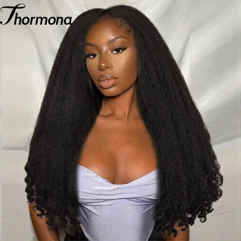 13X6 Kinky Straight Lace Front Wig Dark Brown Fluffy Kinky Straight with Bouncy Curly Ends Lace Frontal Hair Wigs for Black Wome 1