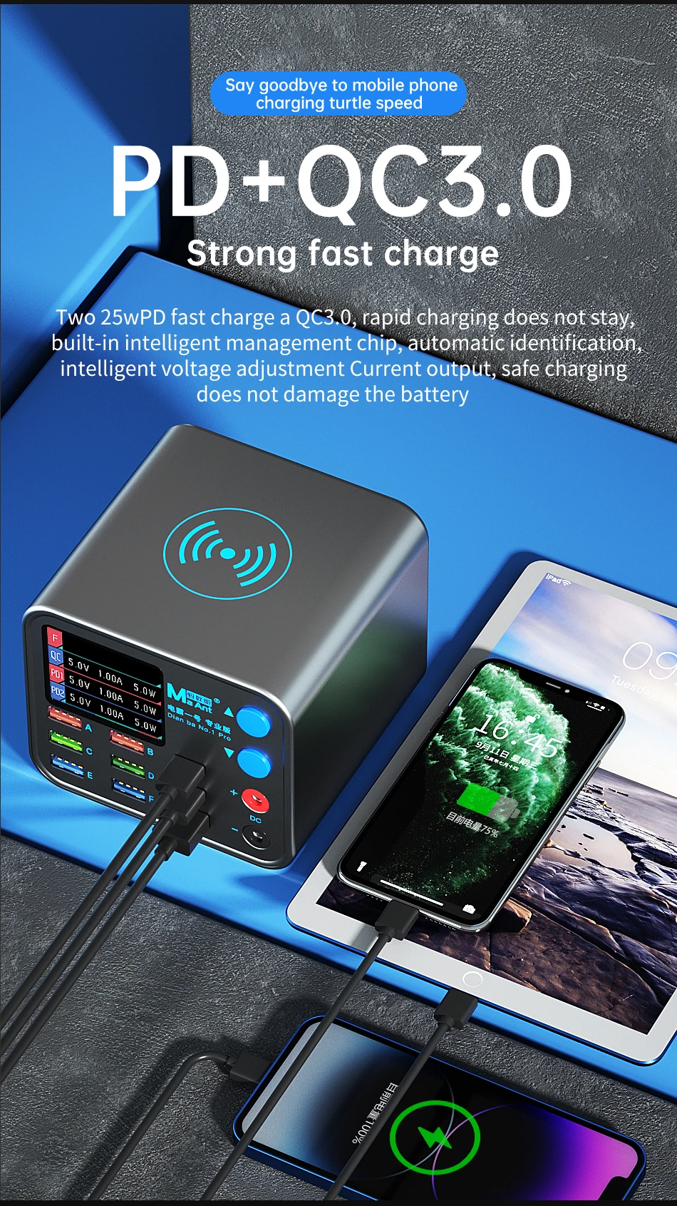 MaAnt DianBa 1 Pro Wireless Smart Charge QC 3.0 8 USB Port Wireless Charging Dock LCD Display For Mobile Phone Charging Repair