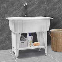 Freestanding Plastic Laundry Sink with Storage Shelf & Washboard Utility Sink Laundry Tub with Stainless Faucet 1