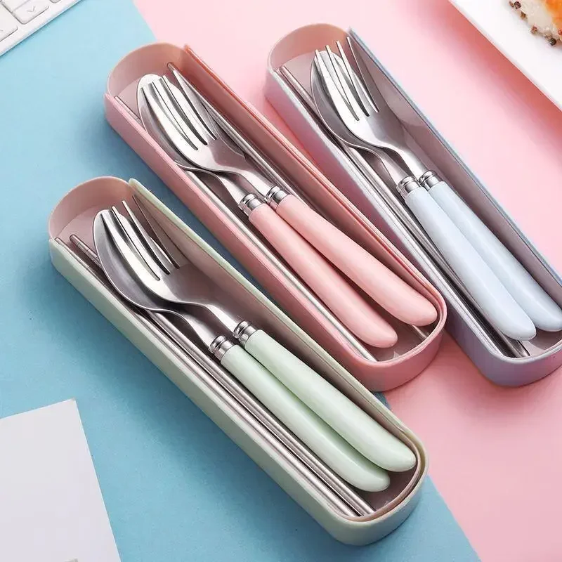 Vaisselle Portable en acier inoxydable pour étudiants, boîte à déjeuner de voyage en plein air, cuillère fourchette baguettes ensemble avec mallette de rangement cadeau pour adulte