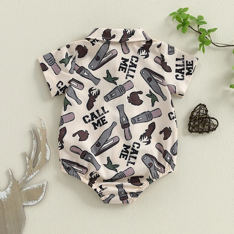 Baby Boy Short Sleeve Romper Fashion Print Lapel Neck Button-up Jumpsuit Newborn Summer Clothes