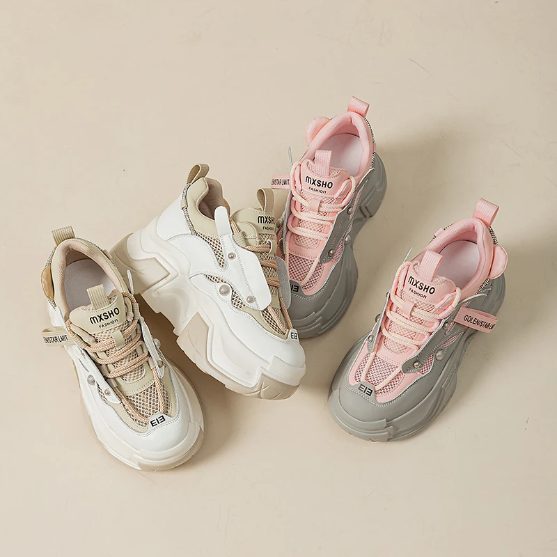 6CM Wedge Chunky Sports Sneakers: Lace-Up Air Mesh