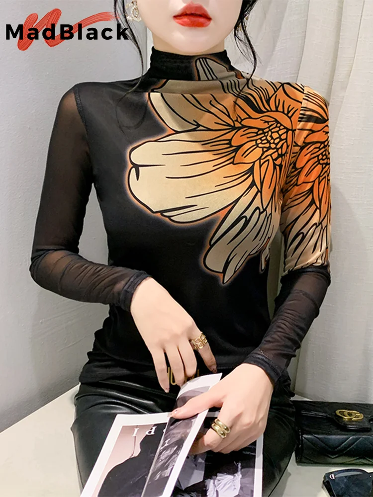 

MadBlack European Clothes Tshirt Women Turtleneck Position Print Slim Mesh Top Long Sleeve High Elastic Tee Winter Fall T30033JM