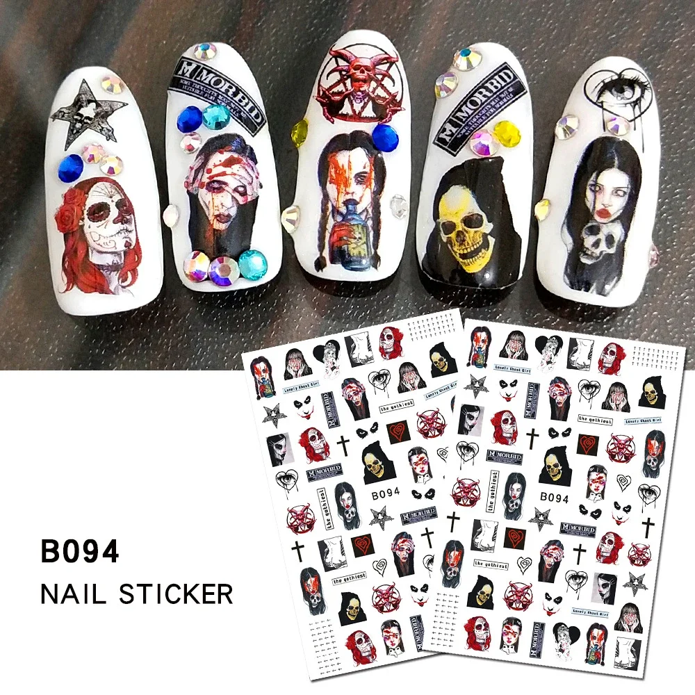 

3D Nail Art Sticker Gothic Style Charms Skull Spider Clown Bloodstain Self Adhesive Transfer Sliders Decal DIY Nail Decoration