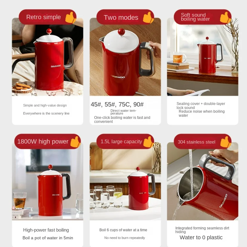 Retro Red Intelligent Touch Electric Kettles Double Mode Boiling Water Automatic Insulation Stainless Steel 1.5L Kettle Electric 2