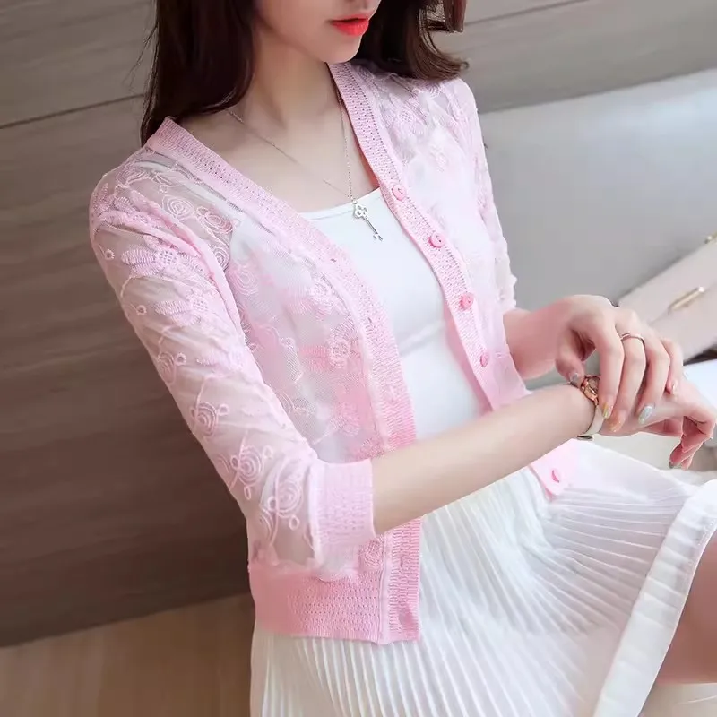 여성용 V넥 레이스 가디건, 얇은 자수 가디건 재킷, 자외선 차단 셔츠, 짧은 상의, 3/4 소매, 2024 여름