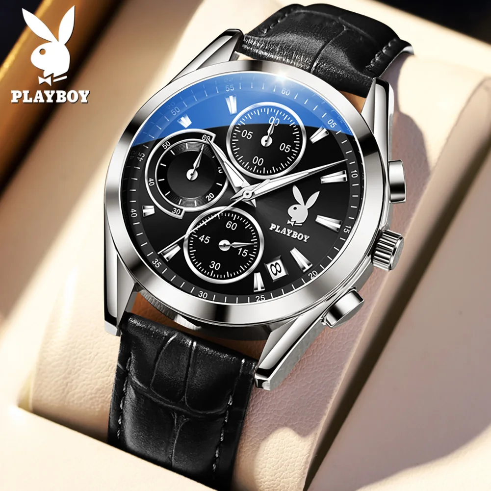 PLAYBOY Top Brand Quartz Watch for Men High Quality Leather Strap