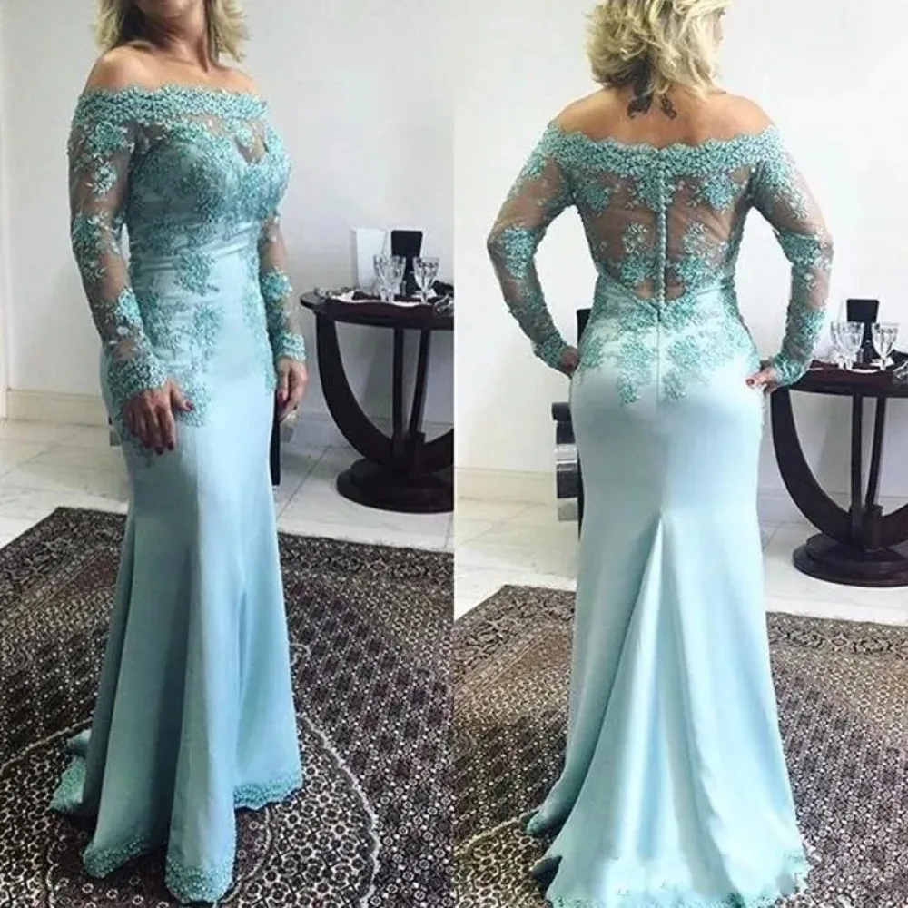 

Turquoise Mermaid Mother Of The Bride Dresses Off Shoulder Appliques Long Sleeves Party Gowns Wedding Guest Dress
