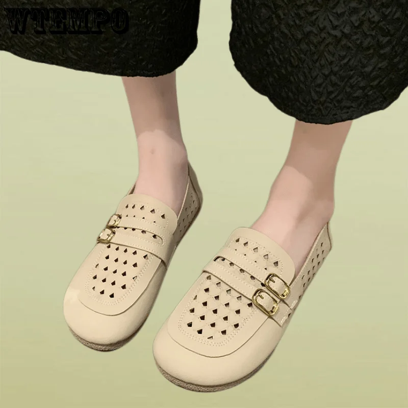 

WTEMPO Women's Summer Round Head Hollow Metal Decoration Flat Shoes Fashion All-match Shallow Feetwear Wholesale Dropshipping