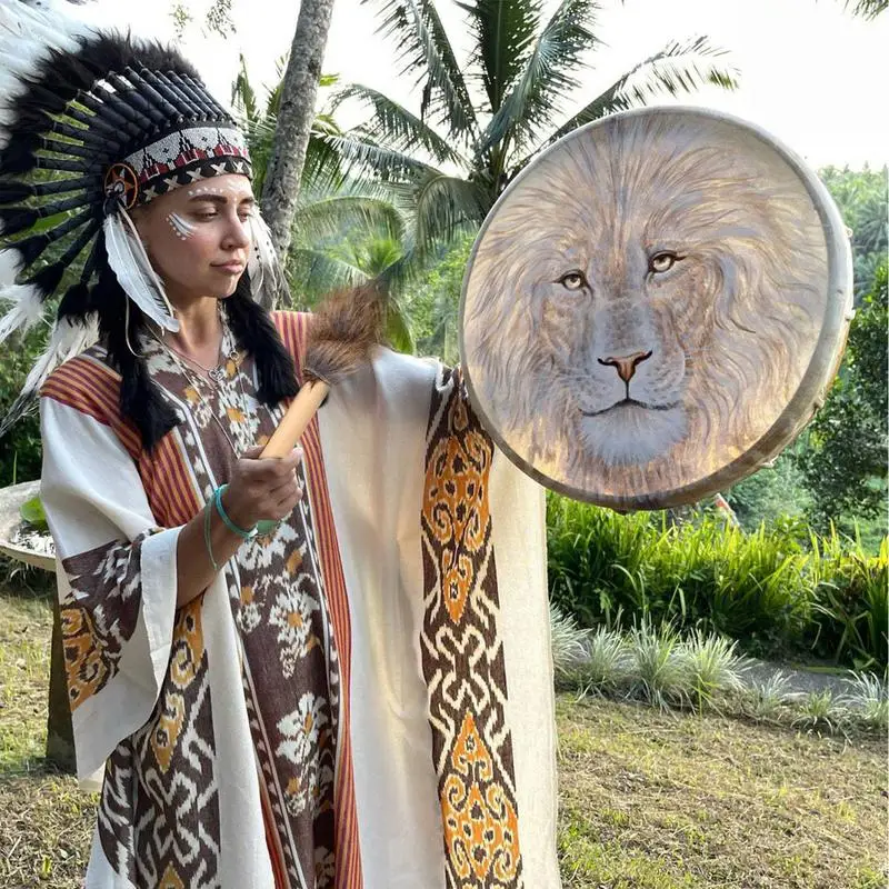 Shamanic Hand Drum Lion Totem With Mallet Siberian Spiritual Instrument For Meditation Yoga