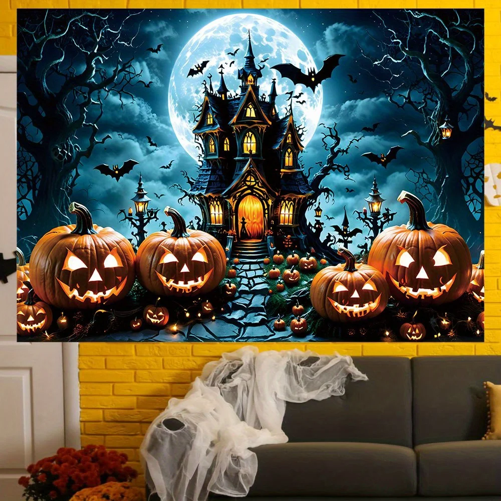 Halloween backdrop featuring ghostly castle, glowing pumpkin lanterns, and eerie night sky 02