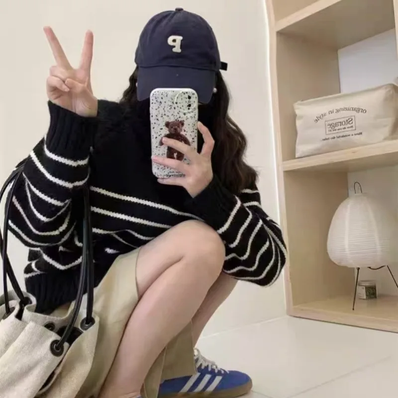 2025 Fashion New Zipper Turn Down Collar Women's Long Sleeve Striped Sweater Autumn and Winter Loose Casual Knitwear Top