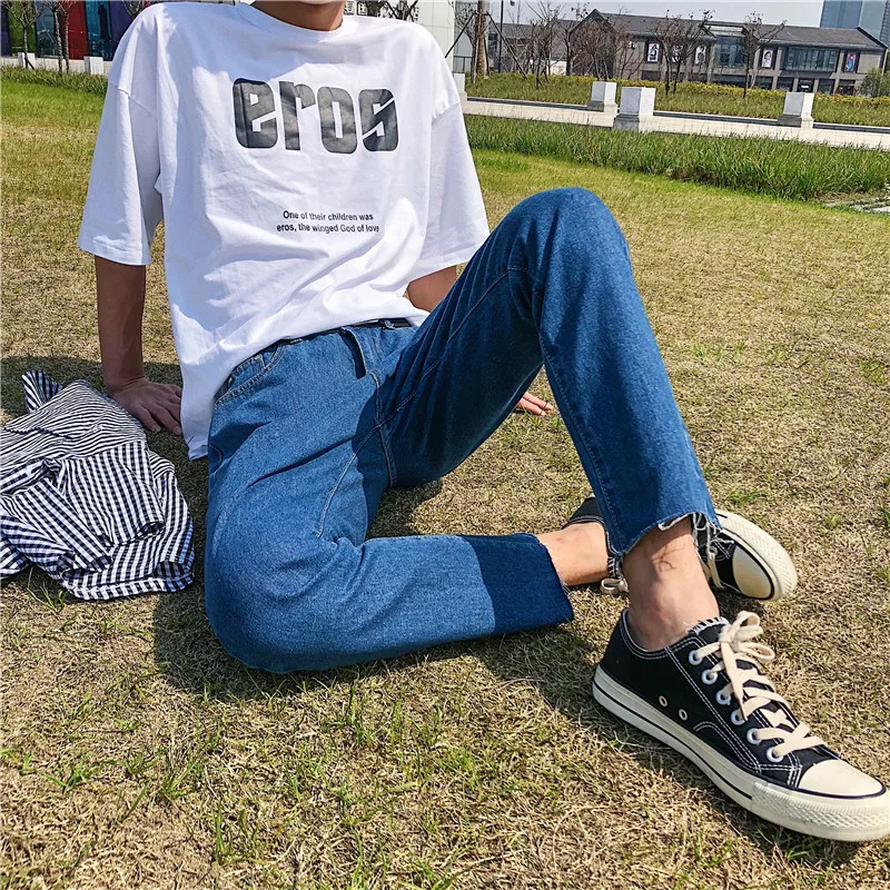 Hong Kong Style 2022 Fashion Casual Trendy Wild Ankle Length Pants Korean Slim Feet Jeans Summer New Casual Harem Pants Men