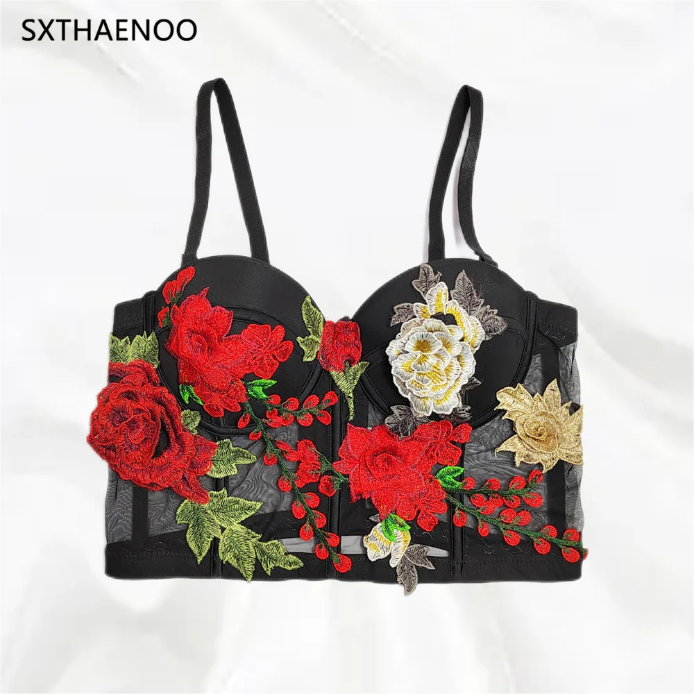 

SXTHAENOO 2023 New Black Sexy hollowed Out Vest Tank Tops Sweet Mesh Sling Embroidery Flower Sling Corset Crop Top топ женский