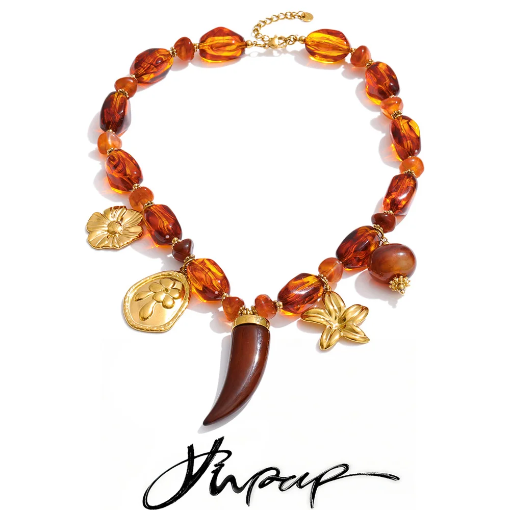 Yhpup Handmade Necklace Amber Resin Beads