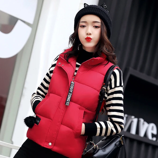 2021 New Autumn  Winter Down Cotton Women's Vest Short Korean Stand Collar Loose Girl Student Coat Vest Leisure Warmth Red glossy women s cotton clothing 2021 new cotton coat stand collar loose thickened warmth small no wash short coat