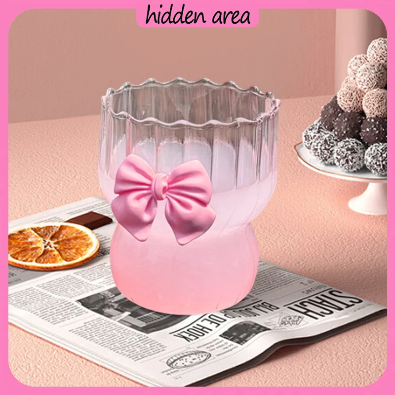 300ML high borosilicate glass cup Pink bow heat-resistant coffee cup vertical grain fat tea girl heart cold and hot dual