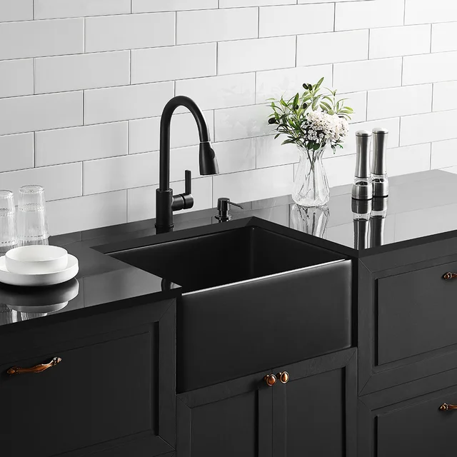 24 นิ้วโมเดิร์นสีดําอ่างล้างจานเซรามิคห้องน้ําชามเดียว Fireclay Undermount Farmhouse อ่างล้างหน้าอ่างล้างหน้า 2
