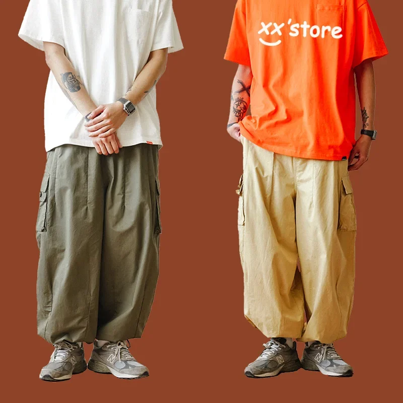

HOUZHOU Baggy Cargo Pants Men's Wide Leg Trousers Male Oversize Japanese Cropped Ankle-length Pocket Casual Streetwear hip hop