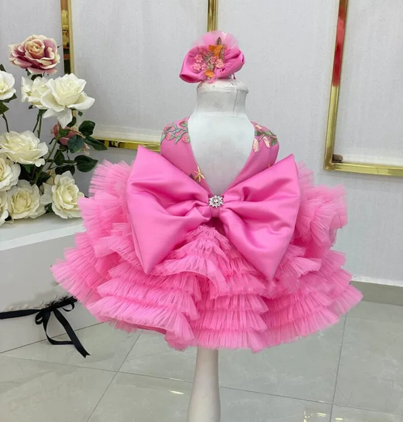 Puffy Pink Baby Girl Dress Tiered Infant First Birthday Dress V Neck