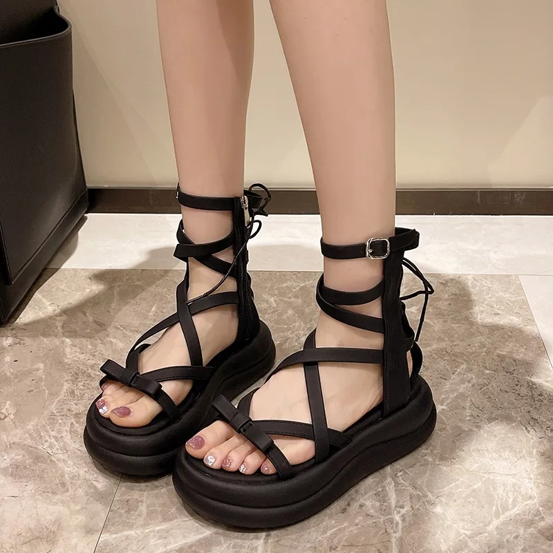 Comfort Sandales for Women Black Platform Sandals with Med Heel Female Beige 2024 Summer GladiatorPlatform Cross Belt Sandals