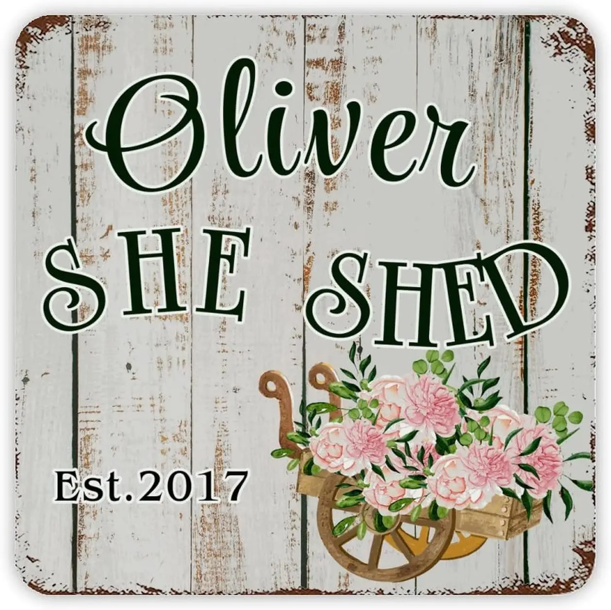 Retro Venatura Del Legno Targa In Latta Nome Personalizzato Segno In Metallo She Shed Pink Peony Decor Iron Painting Flower Bouquet Decor Placca