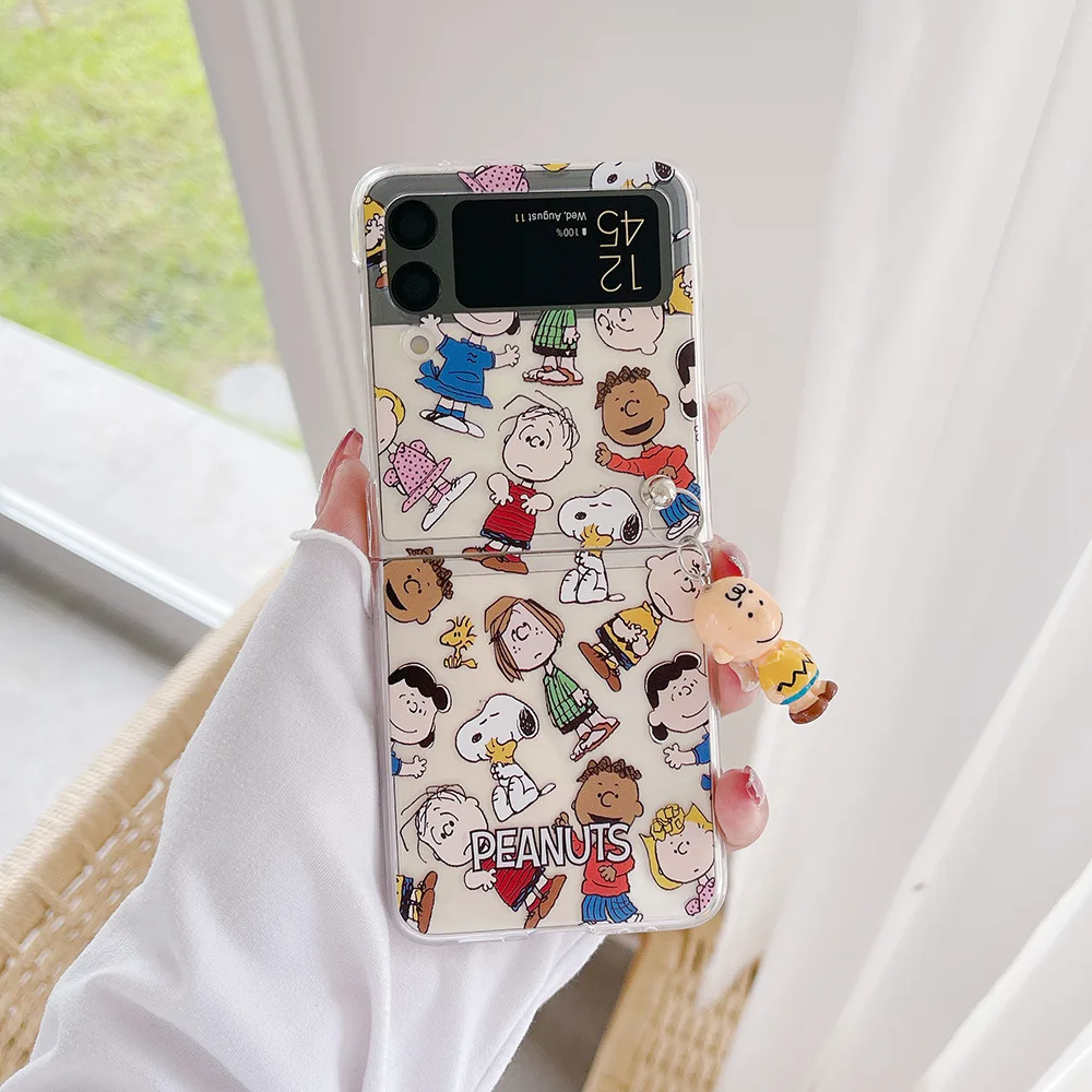삼성 갤럭시 Z 플립 5 4 3 용 Miniso 스누피 전화 케이스 삼성 Z Flip5 Flip4 Flip3 용 투명 하드 PC 접이식 뒷면 커버