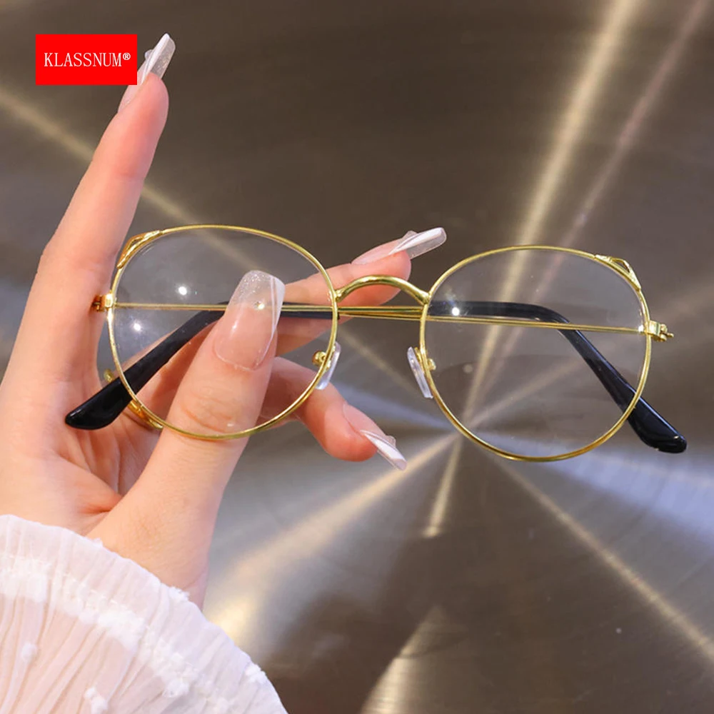 KLASSNUM Kids Cute Anti-blue Light Glasses Cat Ear Metal Frame Transparent Round Eyepiece Children Girls Boy Flat Mirror Glasses anti blue light glasses