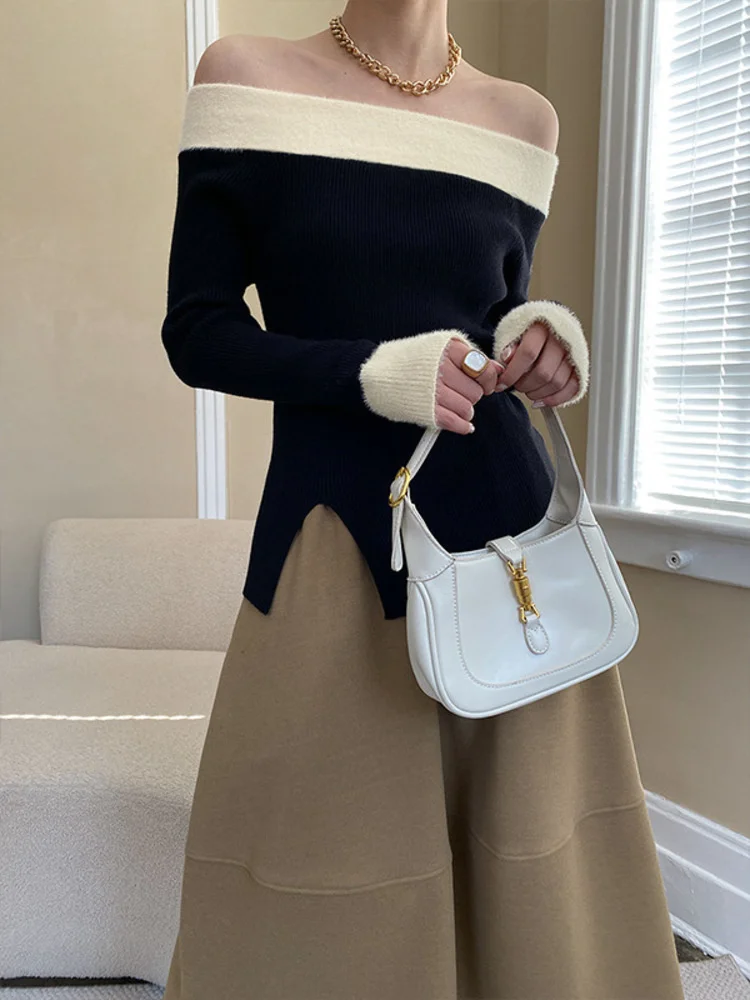 

Color Contrast Split Off Shoulder Women Knitwear Long Sleeve Patchwork Sweater 2023 Spring Autumn New Chic Pullover M300