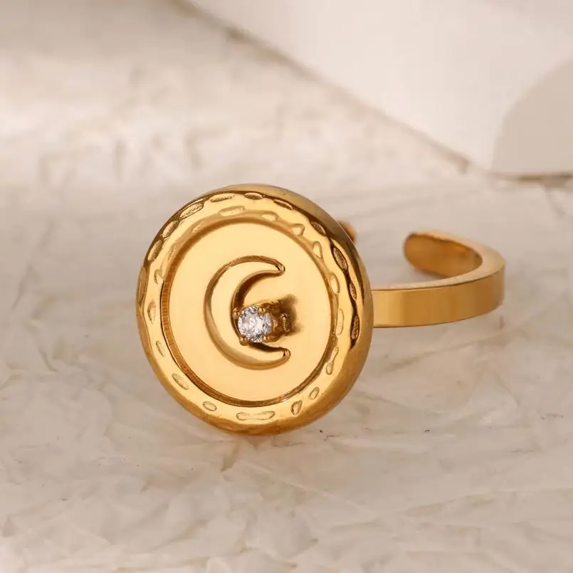 Zircon Roud Moon Rings Gold Color Stainless Steel