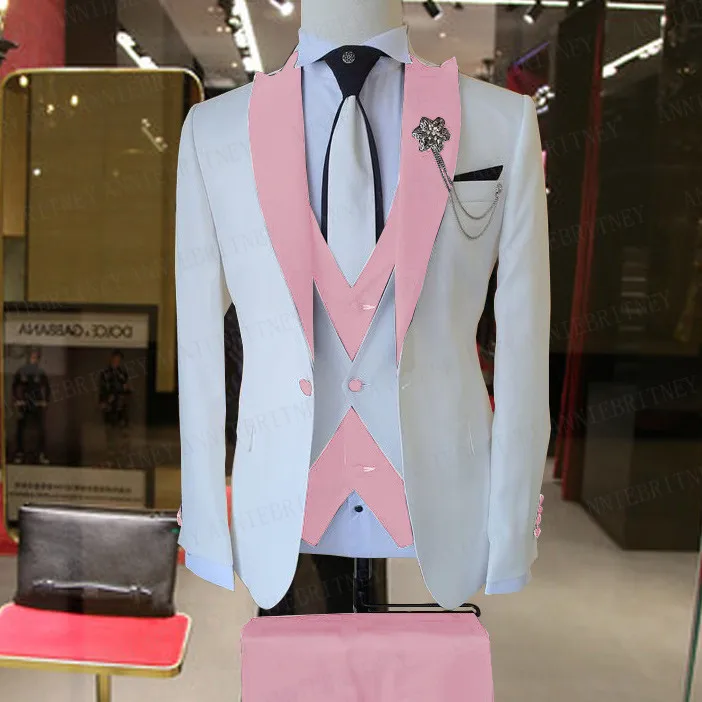 Mens Suit 3 Pieces Groom Wedding Blazer Sets Fashion Designs White Business Jacket Vest Royal Blue Pants Tuxedo