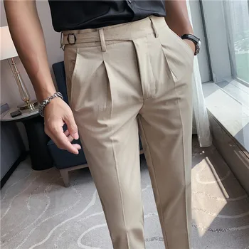 남성용 고품질 벨트 디자인 슬림핏 정장 바지, 슬림핏 캐주얼 바지, 단색 비즈니스 드레스 바지, 웨딩 파티 의상