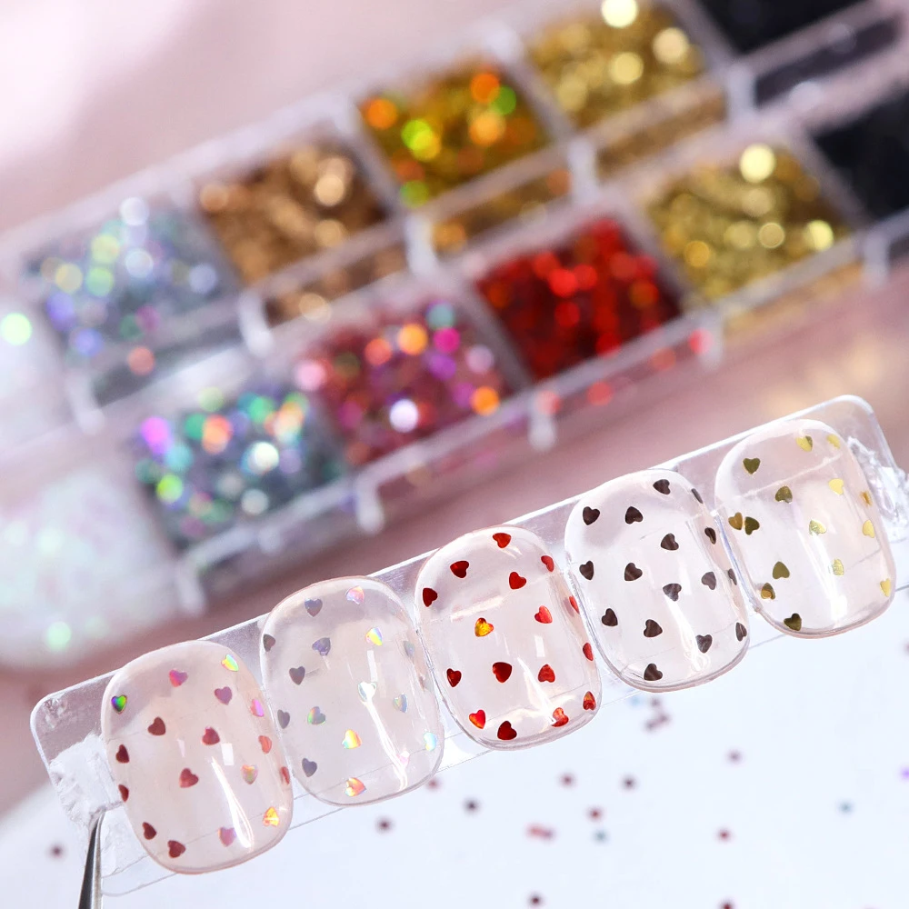 3D Mini Heart/Star Nail Glitter Sequins 12Grids 1mm Holographic Love Pentagram Flakes Nail Art Decorations