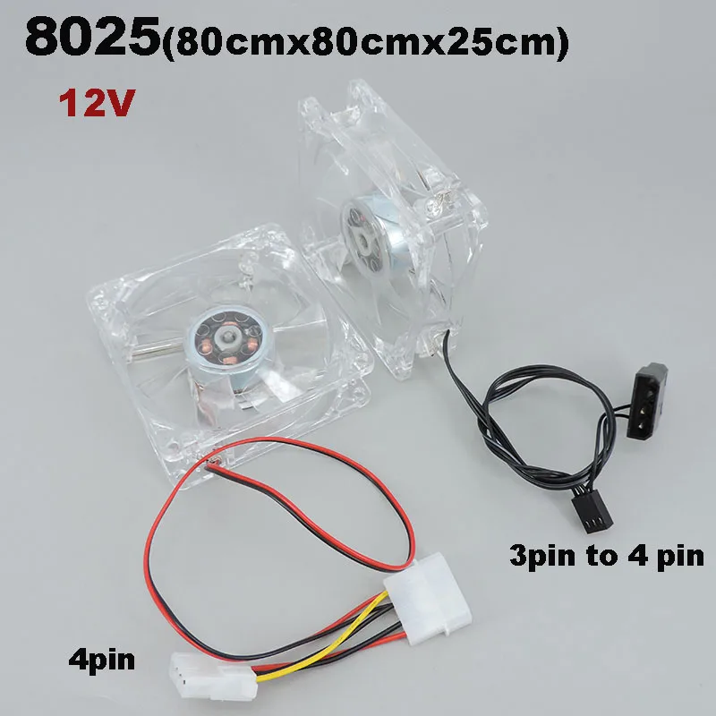DC 12V 8025 8cm transparent Four colorful 4pin LED Case Brushless Cooling Fan 8080x25mm 8025S 3pin to 4Pin Cooler PC Computer