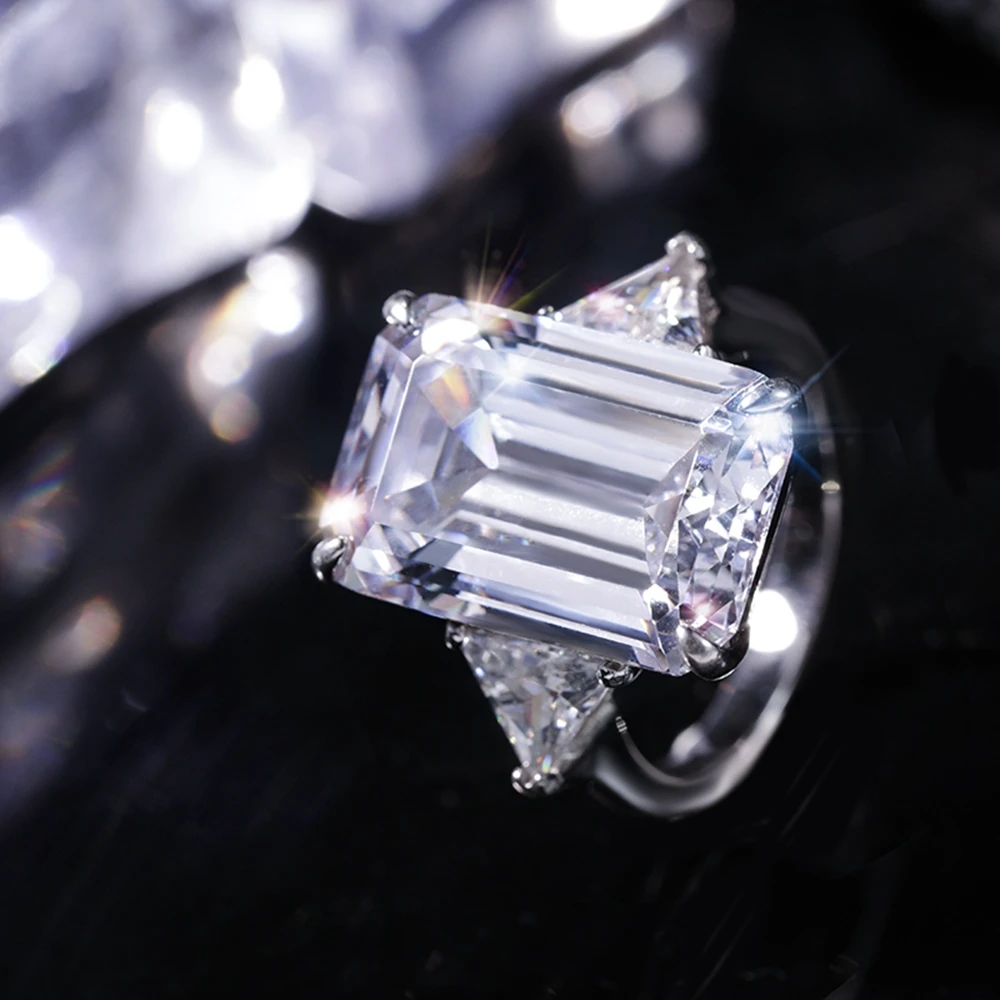 WUIHA Classic Solid 925 Sterling Silver Emerald Cut 10*14MM White Sapphire Created Moissanite Gemstone Wedding Ring Fine Jewelry