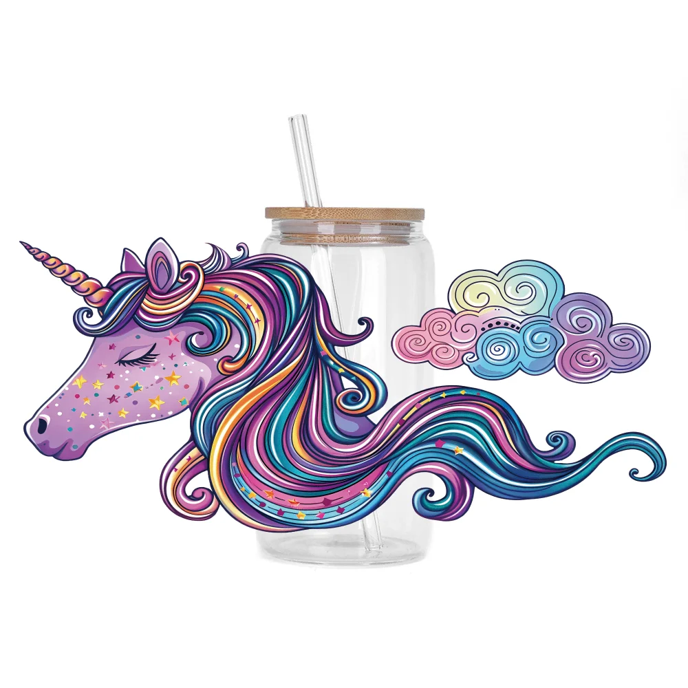 Unicorn series Easy peel waterproof DIY Decals 3D transfers uvdtf crystal stickers 16oz uv dtf cup wraps for Glasses