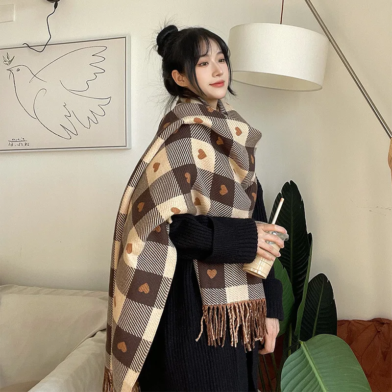 Fall Winter Imitation Cashmere Women's Double-sided Love Plaid Scarf Korean Tassel Warm Large Shawl Versatile Thick Wrap 2025 ﻿ 4