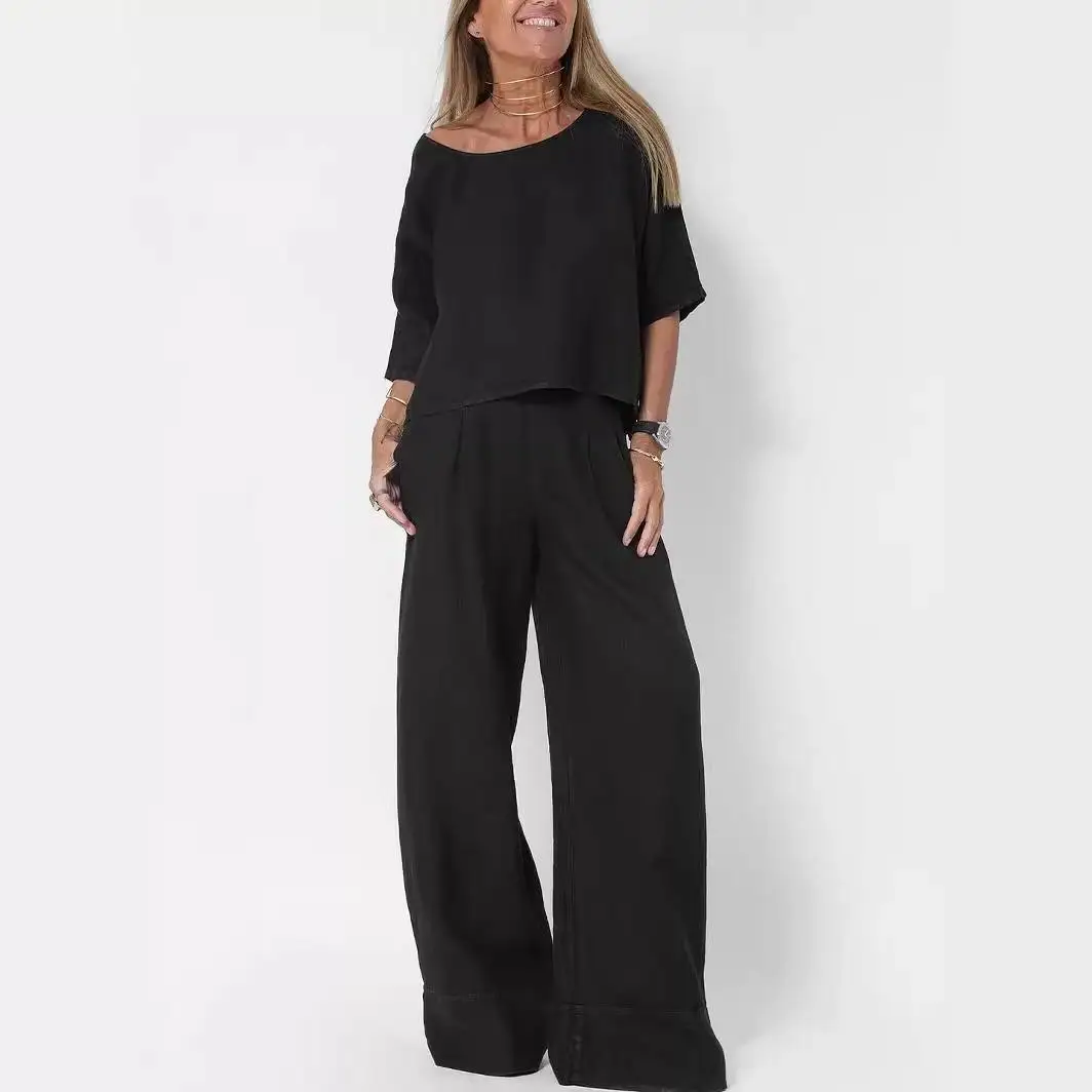 Summer Fashion Cotton and Hemp Two Piece Set Women Casual Solid Round Neck Tshirt Wide Leg Pants Loose Two Piece Set Women