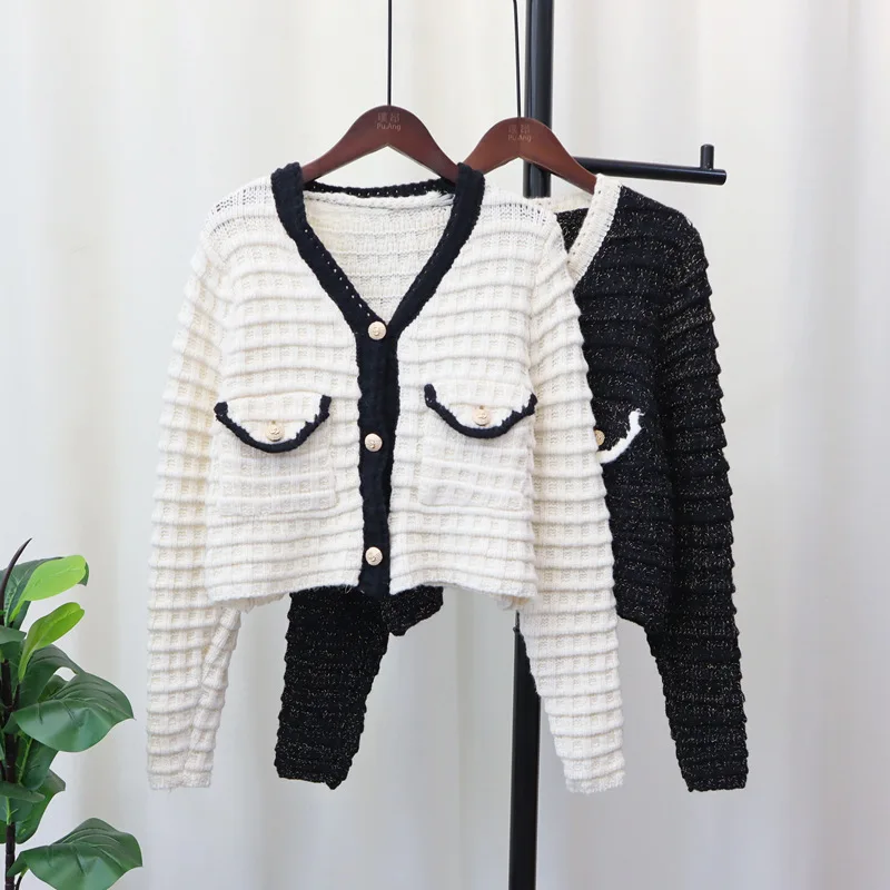 

Elegant White &Black Color Women Cardigan Sweater Full Sleeves V-Neck Loose Casual Lady Knitting Coat Jackets Jumpers