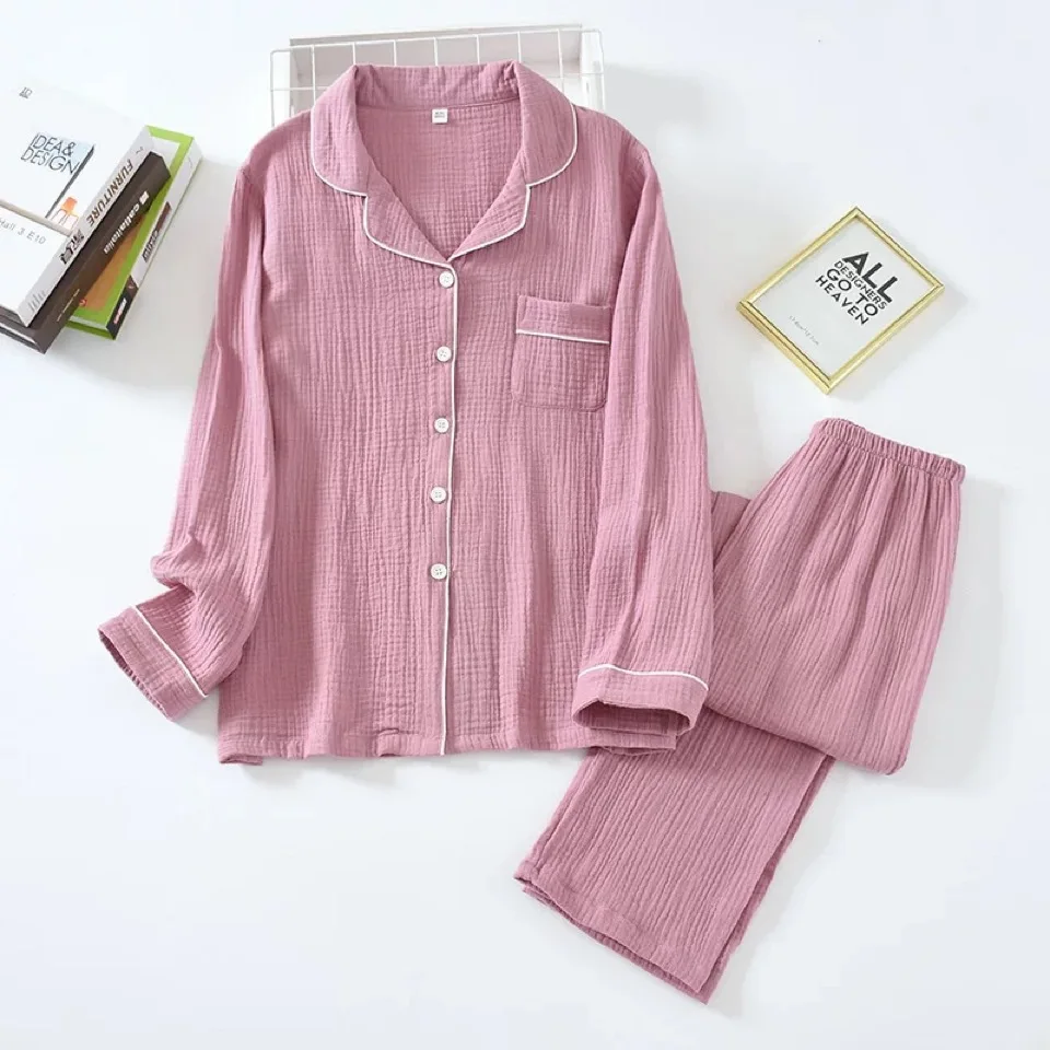 Spring New Ladies Pajamas Set Heart Printed Crepe Cotton Double-layer Gauze Turn-down Collar Long-sleeve Trousers Household Wear cotton pjs Pajama Sets