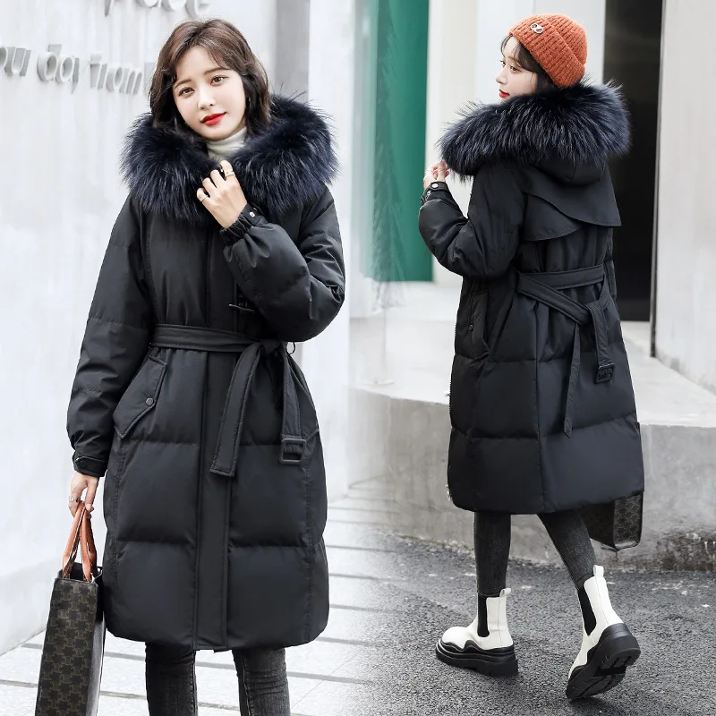 

2023 New Korean Fashion Slim Down Jacket Women Winter Long Thicker Clothes Hooded Large Hair Collar Down Coats Jacket with Belt