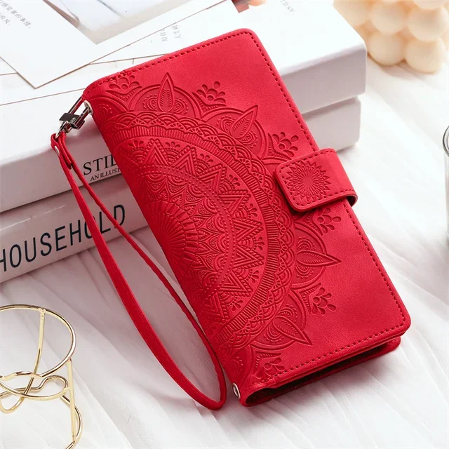 Embossed Lanyard Leather Wallet Phone Case