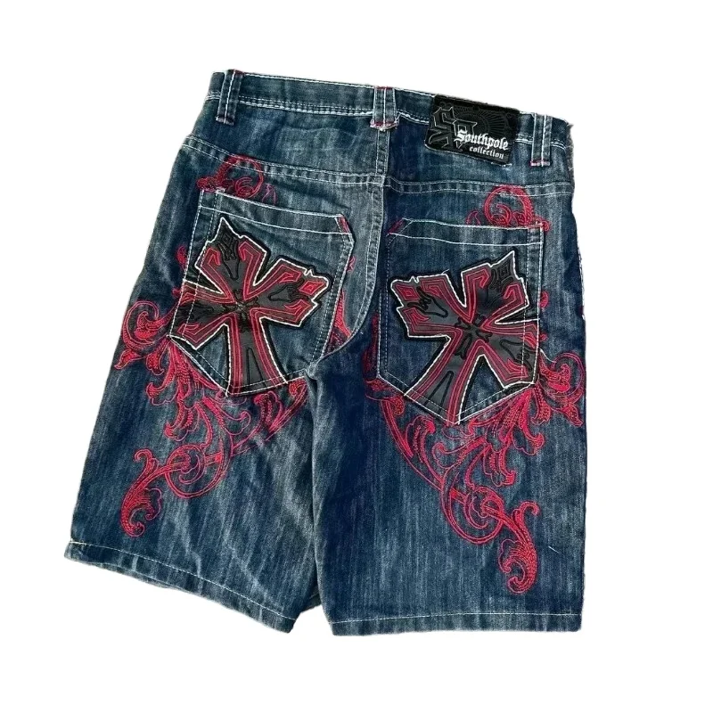 Vintage Graphic Printing Baggy Denim Shorts Gothic Cross Y2K Fashion Harajuku Casual High Waist Wide Leg Shorts Streetwear denim shorts summer jeans shorts