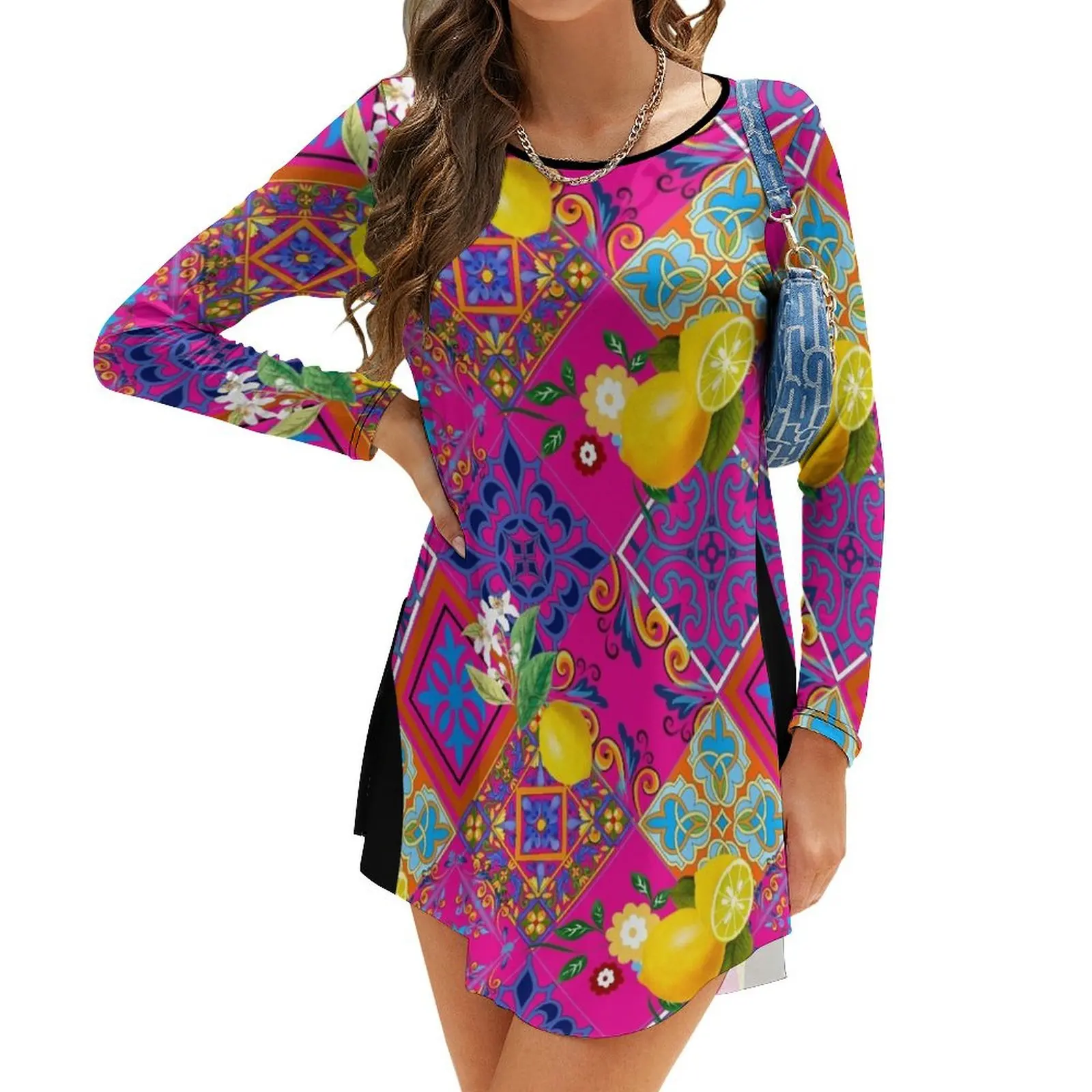 

Tiles,mosaic,azulejo,quilt,Portuguese,majolica,lemons,citrus. Long-Sleeve Dress dresses summer woman 2024 Prom gown