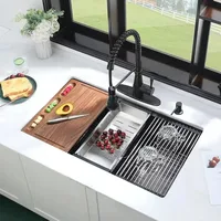 For Kitchen Sink Single Bowl Undermount Workstation Sink With Cutting Board Sinks Organizer Multifunction Strainer Waterfall 2