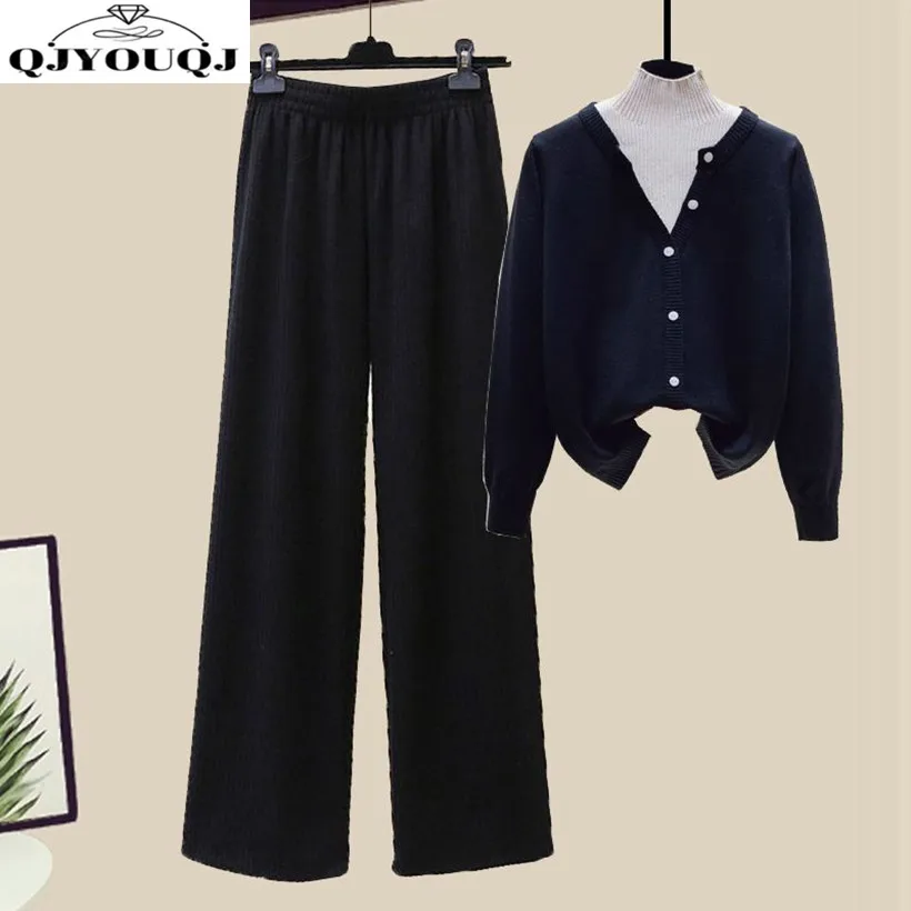 Spring and Autumn Season Set Women's Korean Edition Fake Two Piece Knitwear Top High Waist Wide Leg Pants Two Piece Set